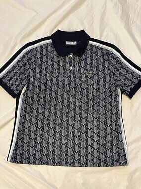 LACOSTE Women's Monogram Jacquard Knit Slim Fit Blue Polo Shirt 42